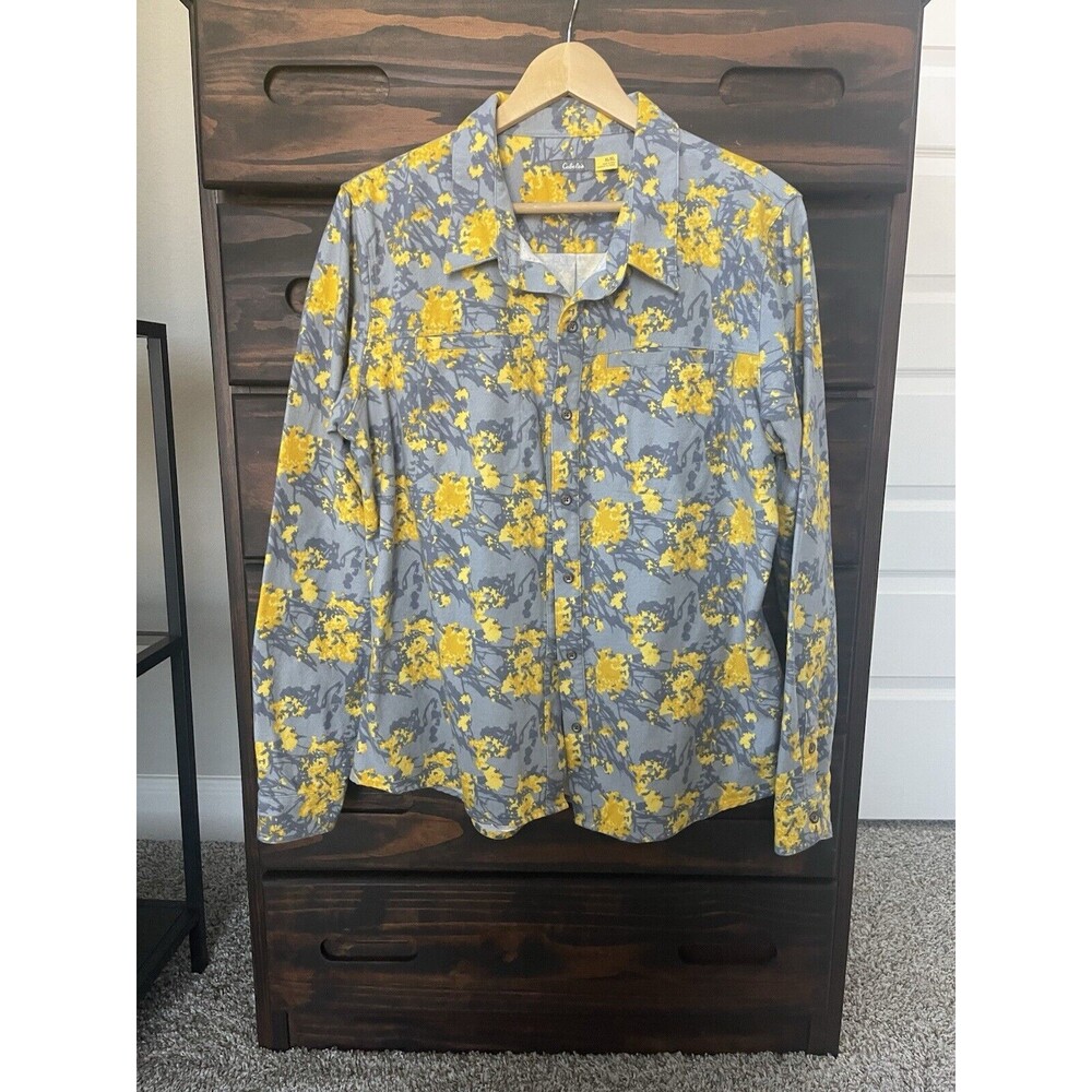 Cabela's Women's Pima Cotton Shirt Button Down Yellow Gray Floral Size XL
